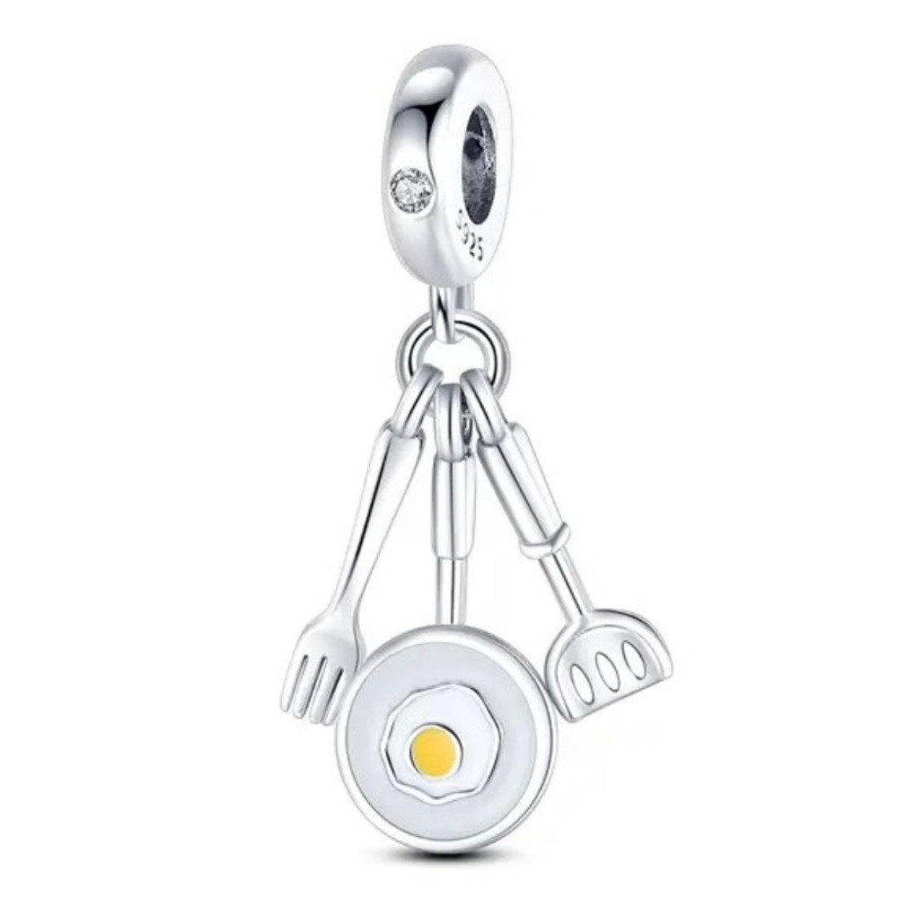 Skillet Egg Spatula Charm, S925 Sterling Silver, Cook Charm,